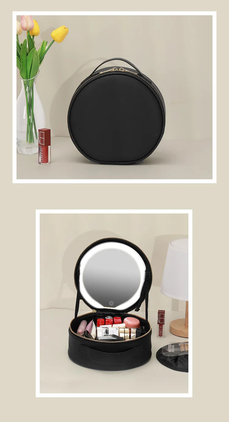 Travel PUMakeup Bag With Led Mirror, Portable Cosmetic Bag With Mirror And Light, Travel Rechargeable Makeup Bag With Led Lights