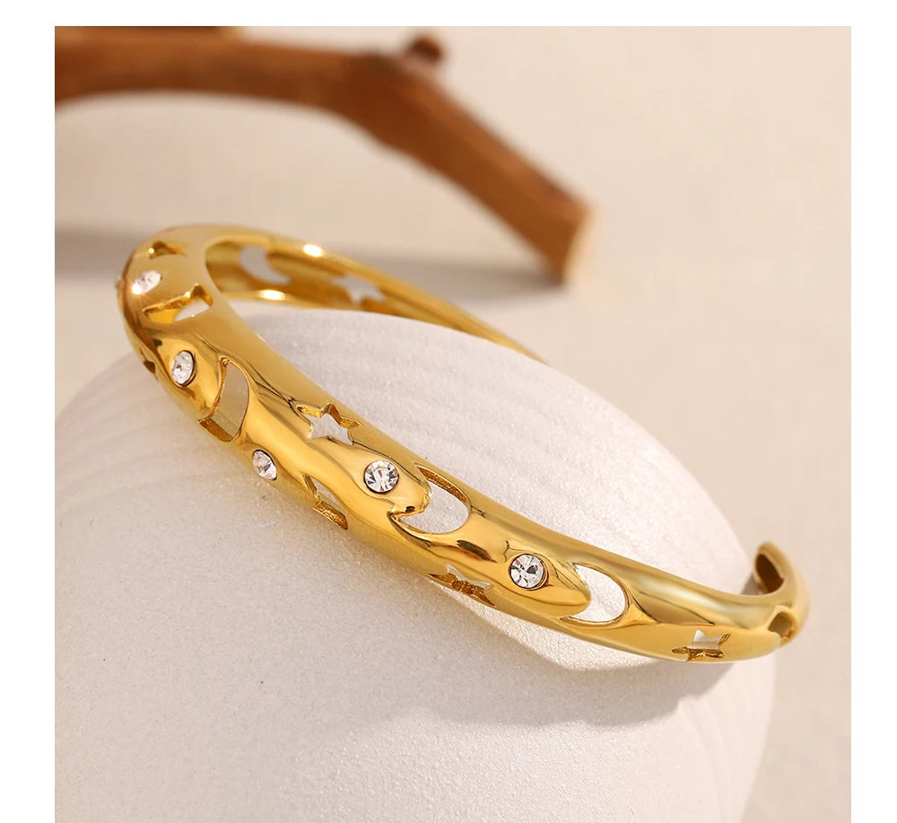 MamacitaSlay 316L Stainless Steel Star Moon Zircon Open Bracelet Party Waterproof 18K Gold Plated Jewelry Women's Charm Bracelet