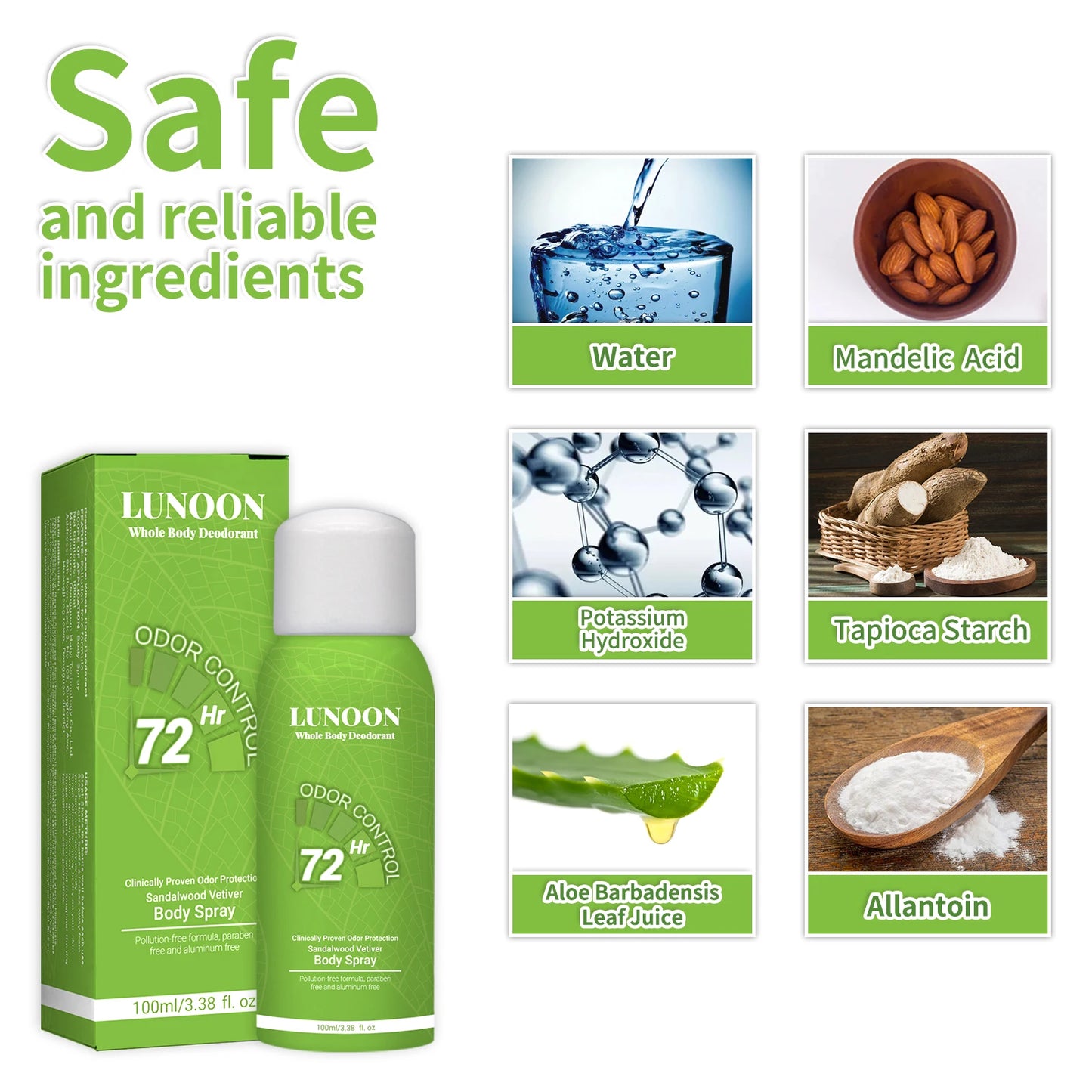 LUNOON Whole Body Deodorant Spray 100ml Underarm Foot Odor Eliminator Long Lasting Freshness Men Women Travel Essential