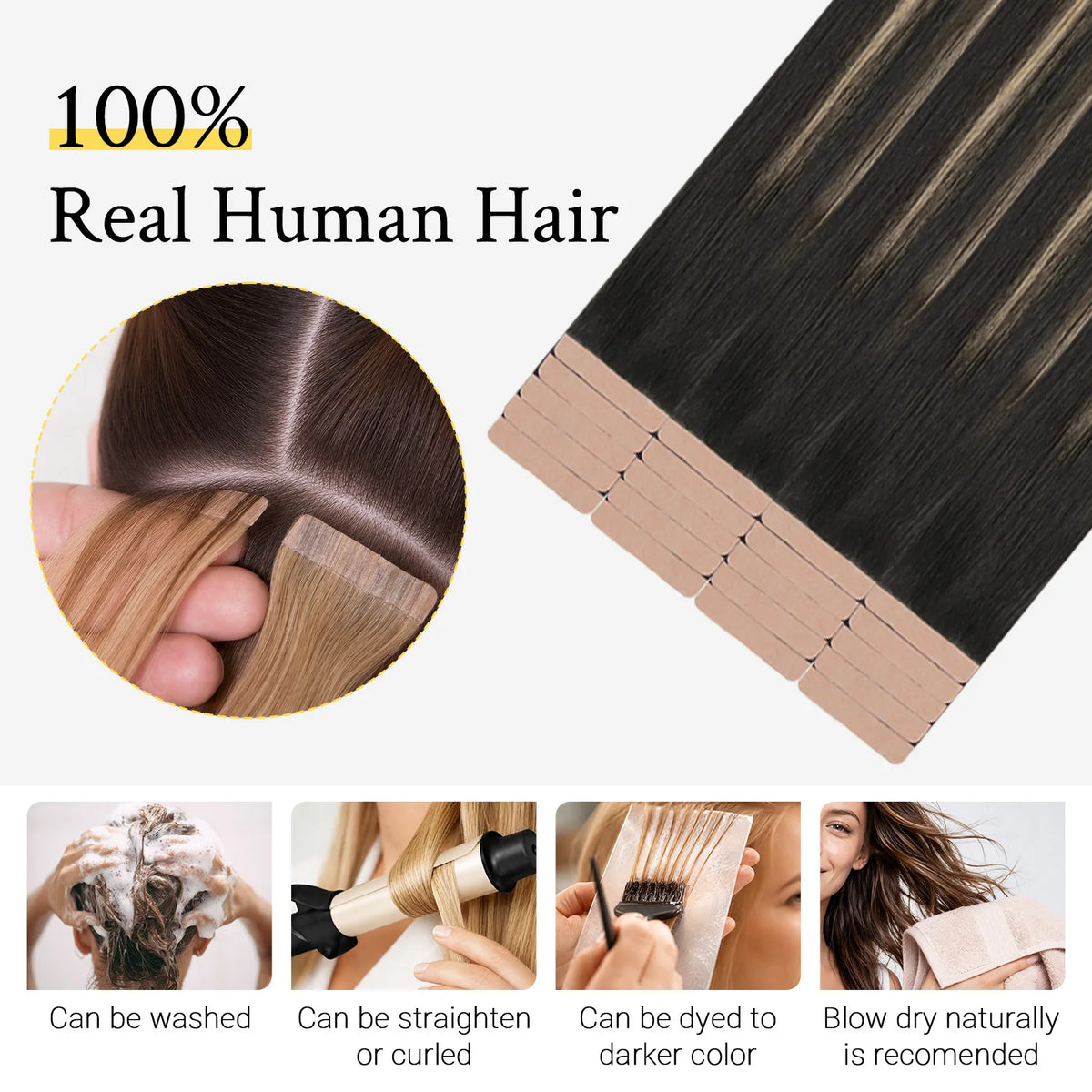Sunmofavo Tape In Remy Human Hair Extensions 20PCS Seamless Skin Weft Reusable Full Head Fashion Easy Install Daily Hair
