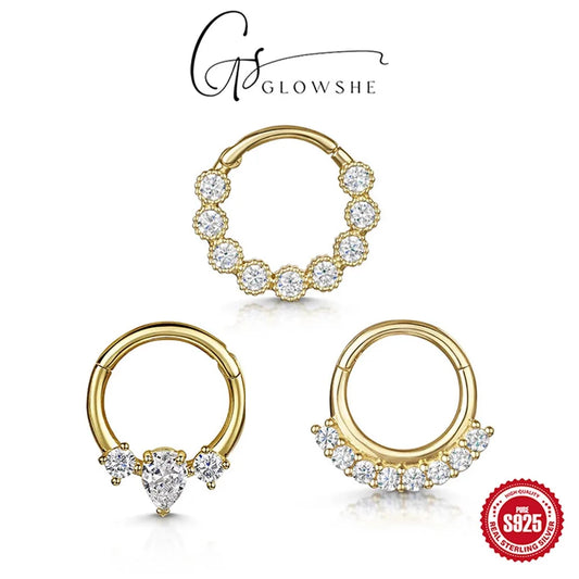 Glowshe 925 Sterling Silver Zircon Geometric Cartilage Piercing Hoop Earrings 1PCS Hip-hop Party Creative Jewelry Nose Rings
