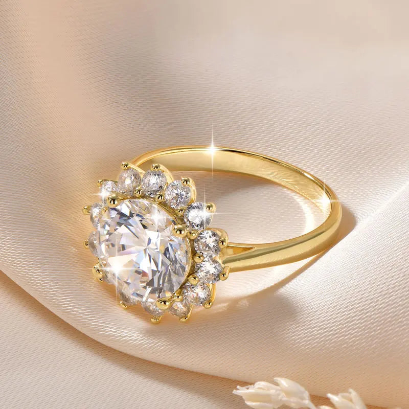 Rrjzz 9MM CZ Lab Diamond Sunshine Flower Ring 5A Cubic Zirconia Sunflower Ring for Women Valentine's Day Birthday Jewelry Gifts