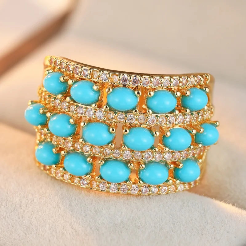 Dazzling Inlaid Imitation Turquoise White CZ Women's Ring Gold Color Geometry Daily Wear Party Jewelry Anniversary Gift