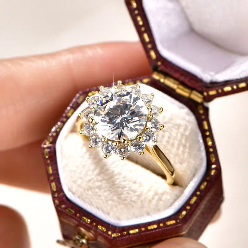 Rrjzz 9MM CZ Lab Diamond Sunshine Flower Ring 5A Cubic Zirconia Sunflower Ring for Women Valentine's Day Birthday Jewelry Gifts