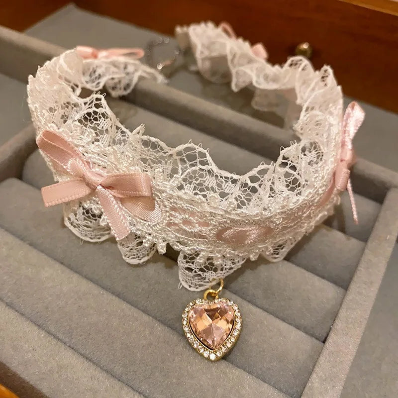 Pink Lace Bow Chokers Necklaces for Women Lolitas Heart Pendant Necklace Wide Ribbon Collar Cosplay Uniform Accessories