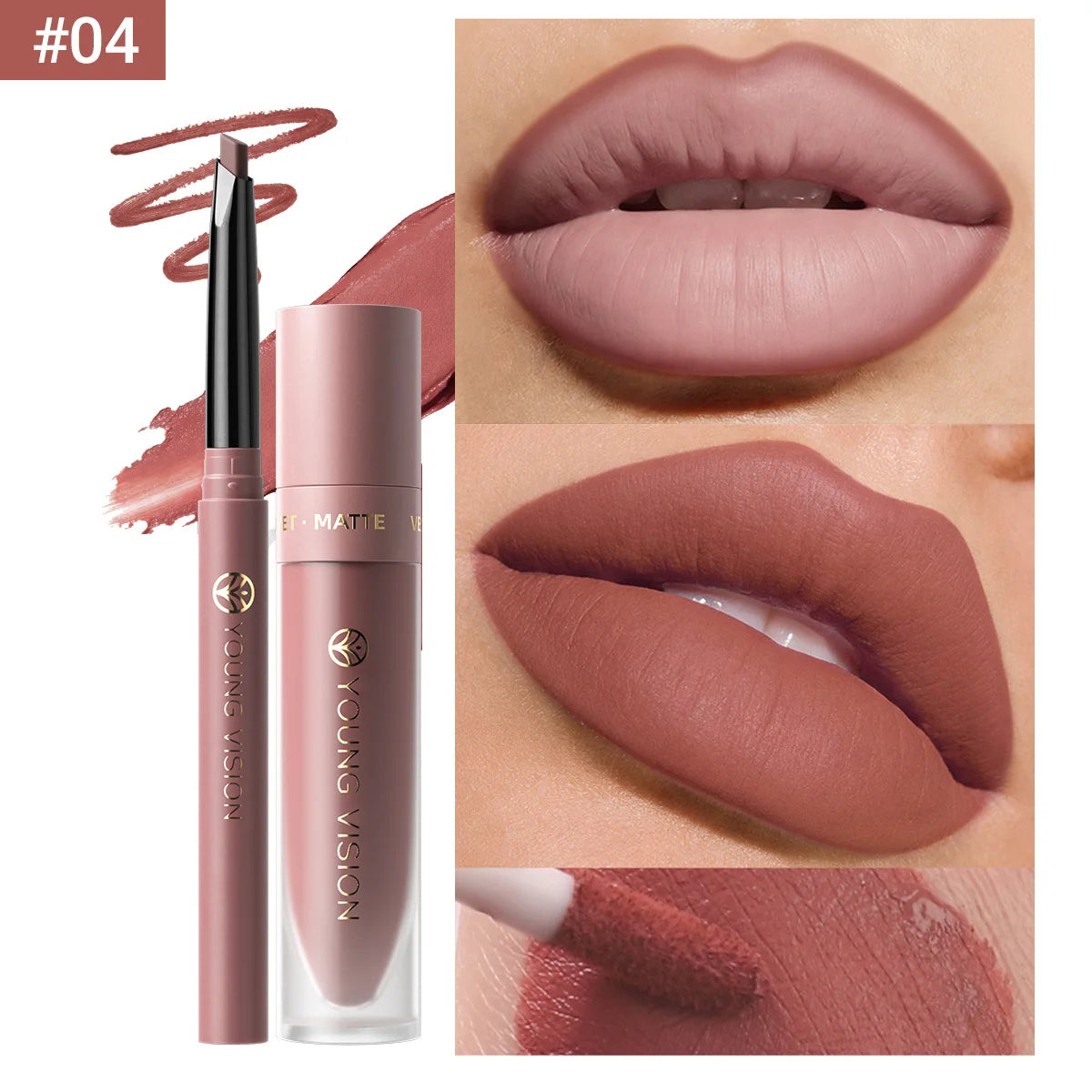 2Pcs Lip Gloss and Lip Liner Set, Matte Finish Non-Stick Cup Long-Lasting Lip Color and Liner Combo, Perfect for Defined Lips