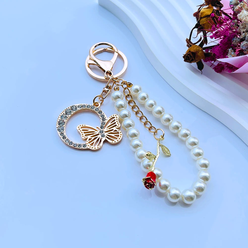 Exquisite Initial A-Z 26 Butterfly Capital Letters Red Rose Keyring Crystal Resin Pearl Beaded Keychain Bag Pendant Women Gift