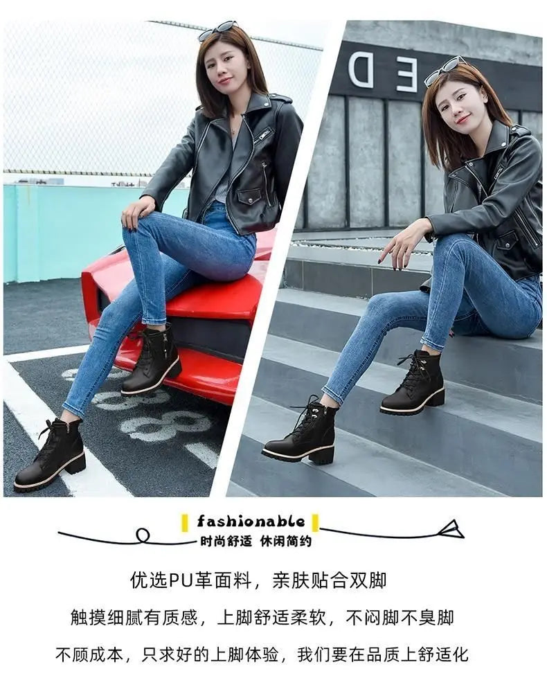 Women Shoes Boots Ankle 2022 New Autumn British Wind Genuine Leather Thick With Fur Ladies Short Boots Motorcycle heels boots