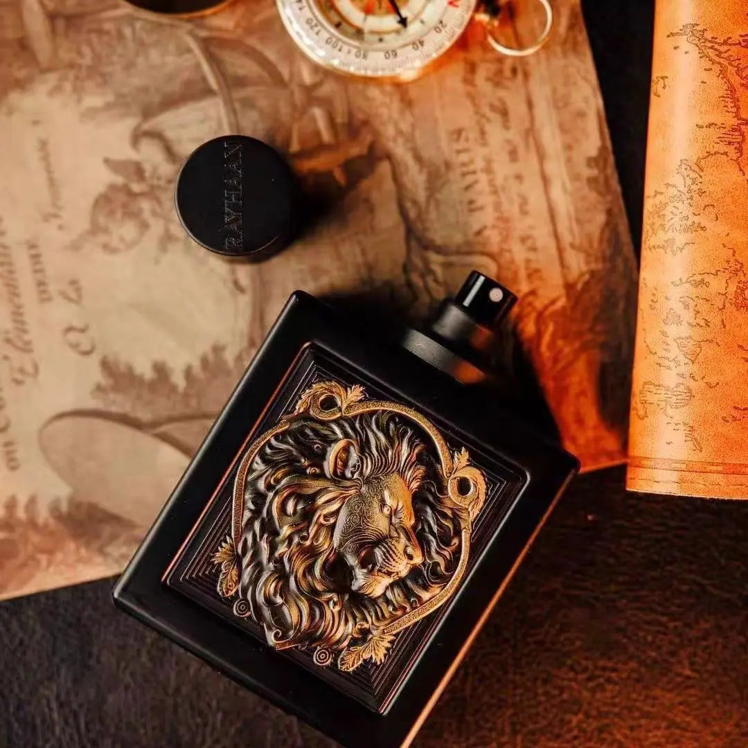 RAYHAAN lion perfume, black gold embossed lion bottle body, leather ebony tobacco wood tone, aggressive men's long-term EDP strong perfume.