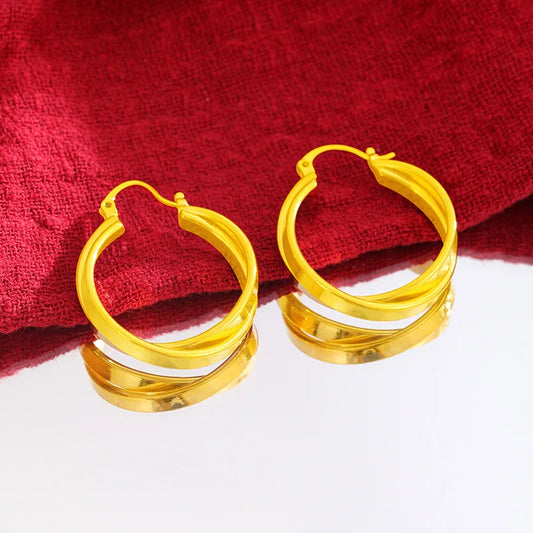 Stylish Double Hoop Earrings Women's 24K Gold AU999 - Minimalist double hoops, trendy, women's 24K gold style
