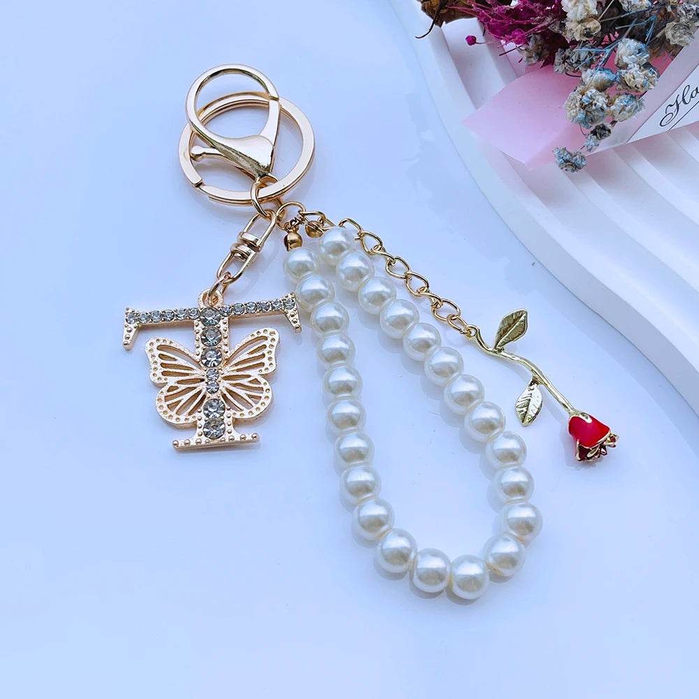 Exquisite Initial A-Z 26 Butterfly Capital Letters Red Rose Keyring Crystal Resin Pearl Beaded Keychain Bag Pendant Women Gift