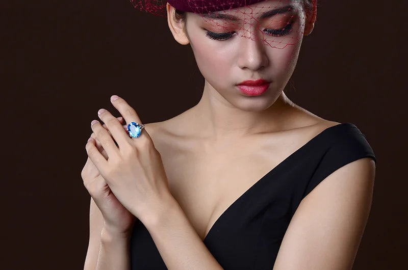 2023 New Fashion 925 Silver Luxury Quality Blue Topaz Band Ring for Women Upscale Anniversary White Gold Plated Finger Jewelry