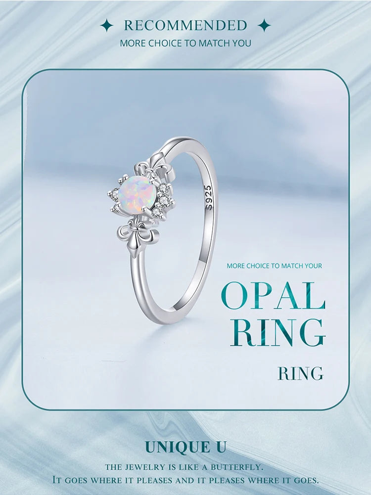 BAMOER 925 Sterling Silver Leaf Ring White Opal Rings Elegant Vine Ring for Women Birthday Gift with Jewelry Box BSR309