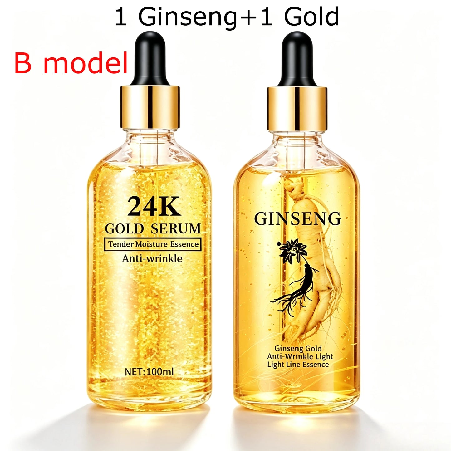2 Pieces Ginseng Whitening Face Serum 100ml 24K Gold Anti Wrinkle Essence Hydrating Tightening Fade Fine Line Brighten Dull Skin