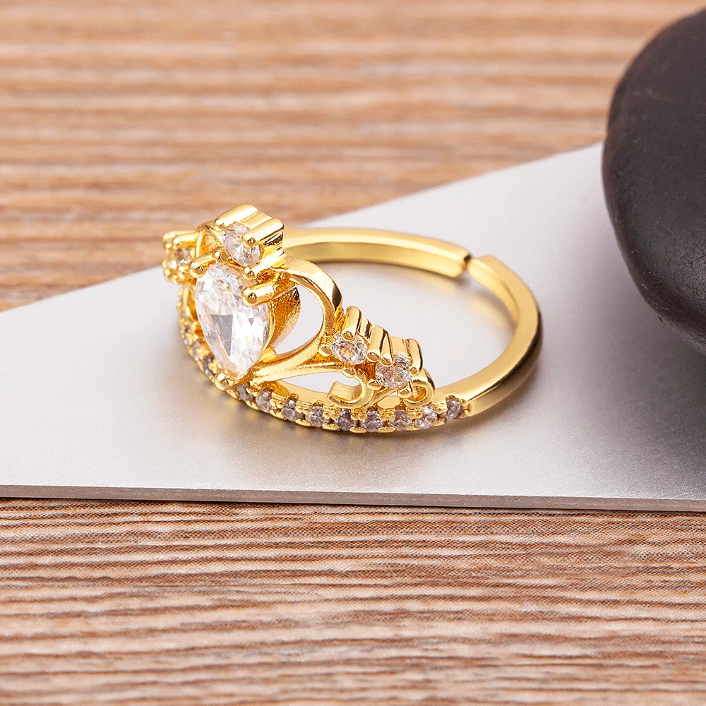 Nidin New Design Crown-Shaped Hollow Inlaid Shiny Rhinestone Open Ring Women Temperament Zircon Adjustable Jewelry Wedding Gift
