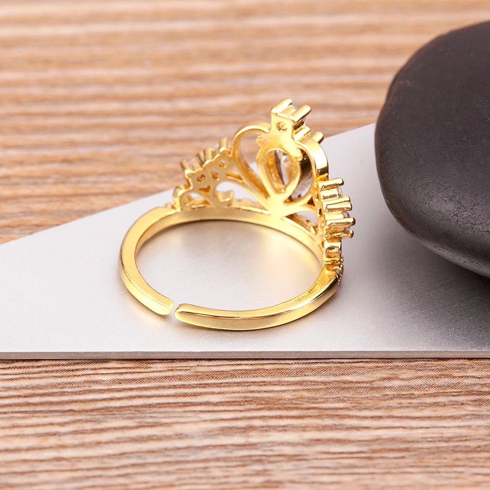 Nidin New Design Crown-Shaped Hollow Inlaid Shiny Rhinestone Open Ring Women Temperament Zircon Adjustable Jewelry Wedding Gift