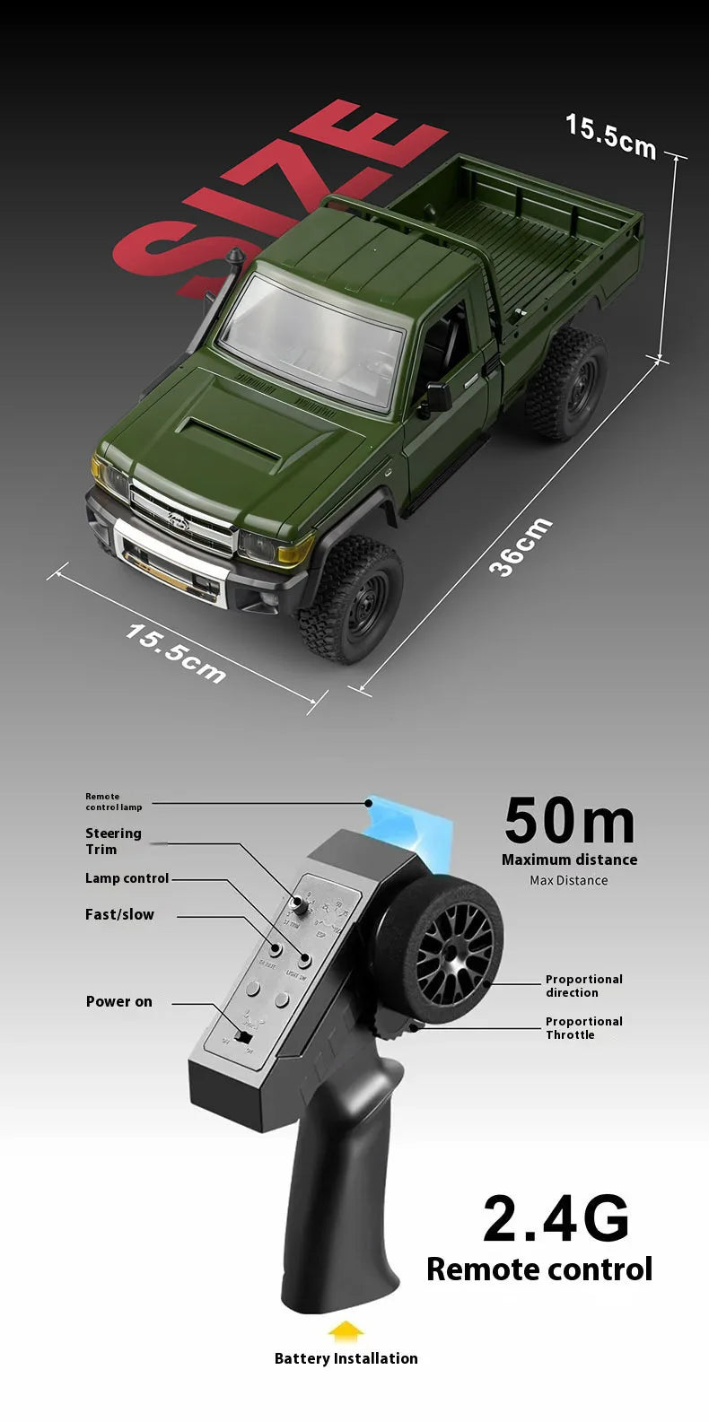 MN82 Green Color 4WD Off-road Rc Car LC79 1:12 280 Brushed Motor Simulation Professional 2.4G Remote Control Pickup Truck Model