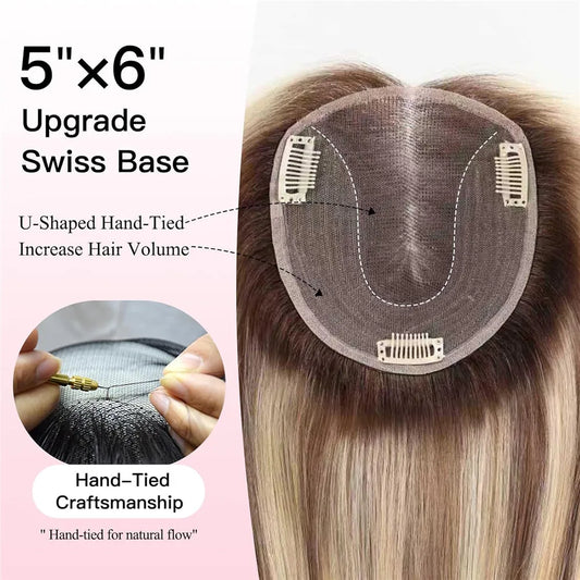 12inch Brown Blonde Highlight Human Hair Topper 5*6 Large Swiss Base Hairpieces for Women Natural Looking Daily Party Use