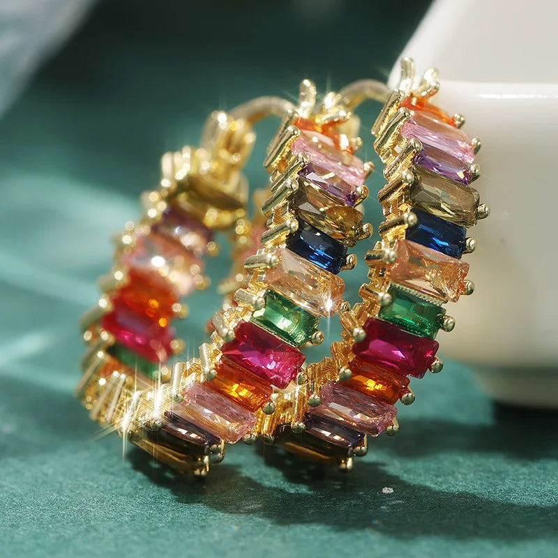 Luxury Gold Color Inlaid Multicolored Cubic Zirconia Copper Hoops Women's Earrings Party Earrings Woman Fashion Jewelry