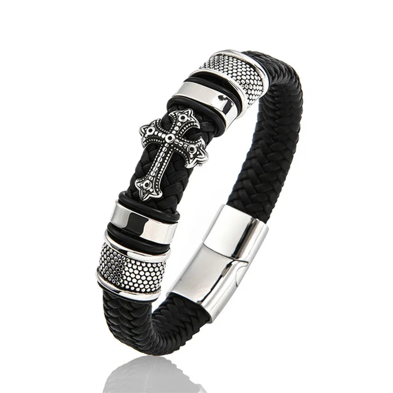 MKENDN Punk Style Stainless Steel Cross Leather Bracelet Men Charm 16 Strand Woven Leather Bracelet Magnet Clasp Boyfriend Gifts