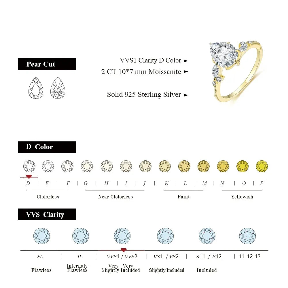 CHARMING 2025 2.0CT Pear Shape 7*10mm  Moissanite Ring D VSS1 Color 925 Silver Pass Diamond Tester Wedding Fine Jewelry Gifts