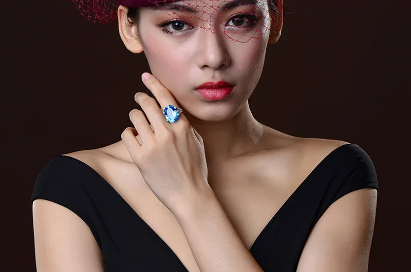 2023 New Fashion 925 Silver Luxury Quality Blue Topaz Band Ring for Women Upscale Anniversary White Gold Plated Finger Jewelry