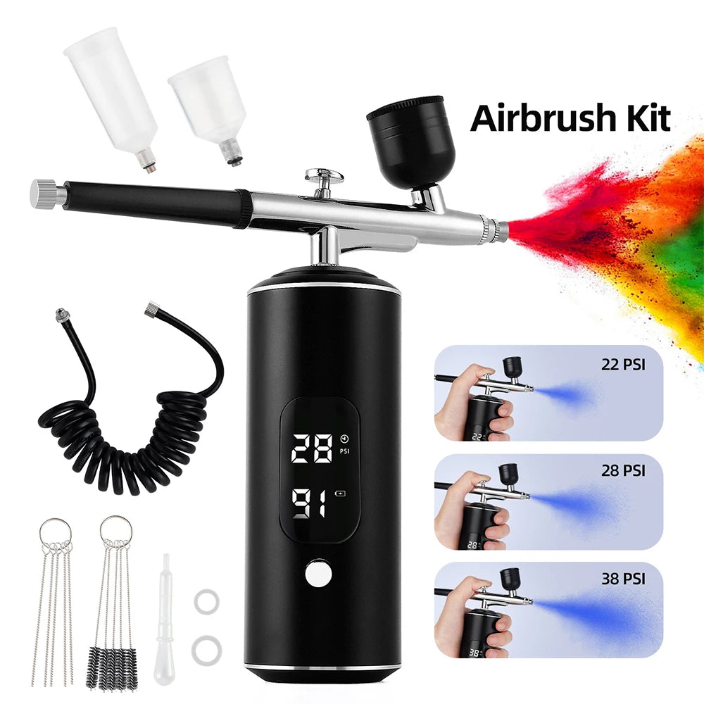 Rechargeable Wireless Airbrush Kit with Compressor Paint Spray Gun for Makeup Nail Art Cake Hair Dye Barber Face Beauty