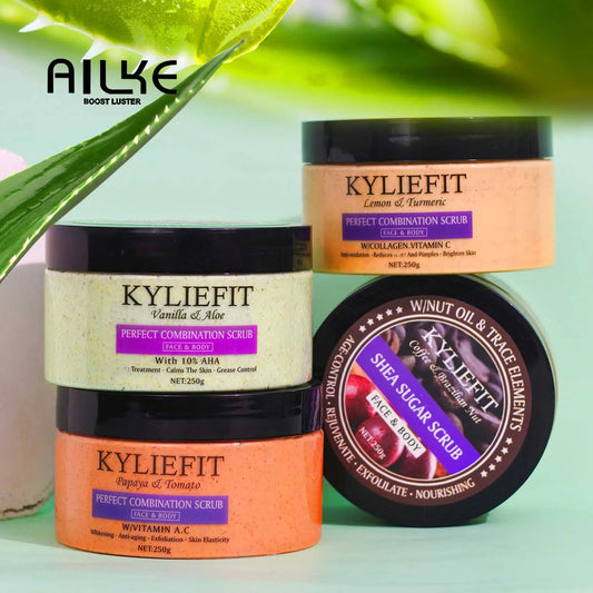 KYLIEFIT Natural Exfoliating Salt Body and Face Scrub, Lightening, Moisturizing, Remove Dark Spots, Acne, Stains, Wrinkles, 250g