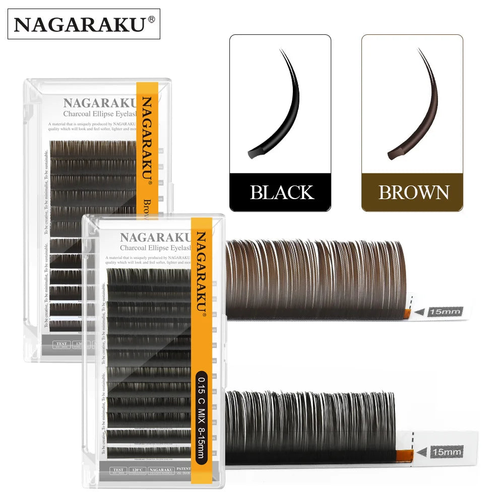 NAGARAKU Ellipse Flat Eyelash Split Tips Matte Charcoal Brown Color Super Soft Gentle Natural Eyelash Extension