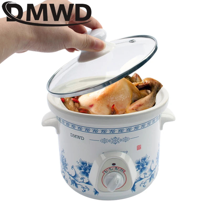 DMWD 1.5L Household Electric Mini Slow Cooker Mechanical/Smart Timer Stewing Soup Porridge Pot Ceramic Linner Food Cooking Maker