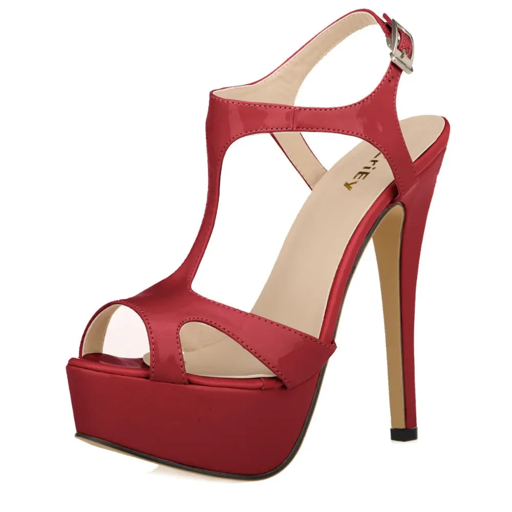 New Peep Toe Women Sandals Sexy T-Strap Platform Summer Shoes Patent Leather Thin High Heels Sapatos Femininos 817-17PA