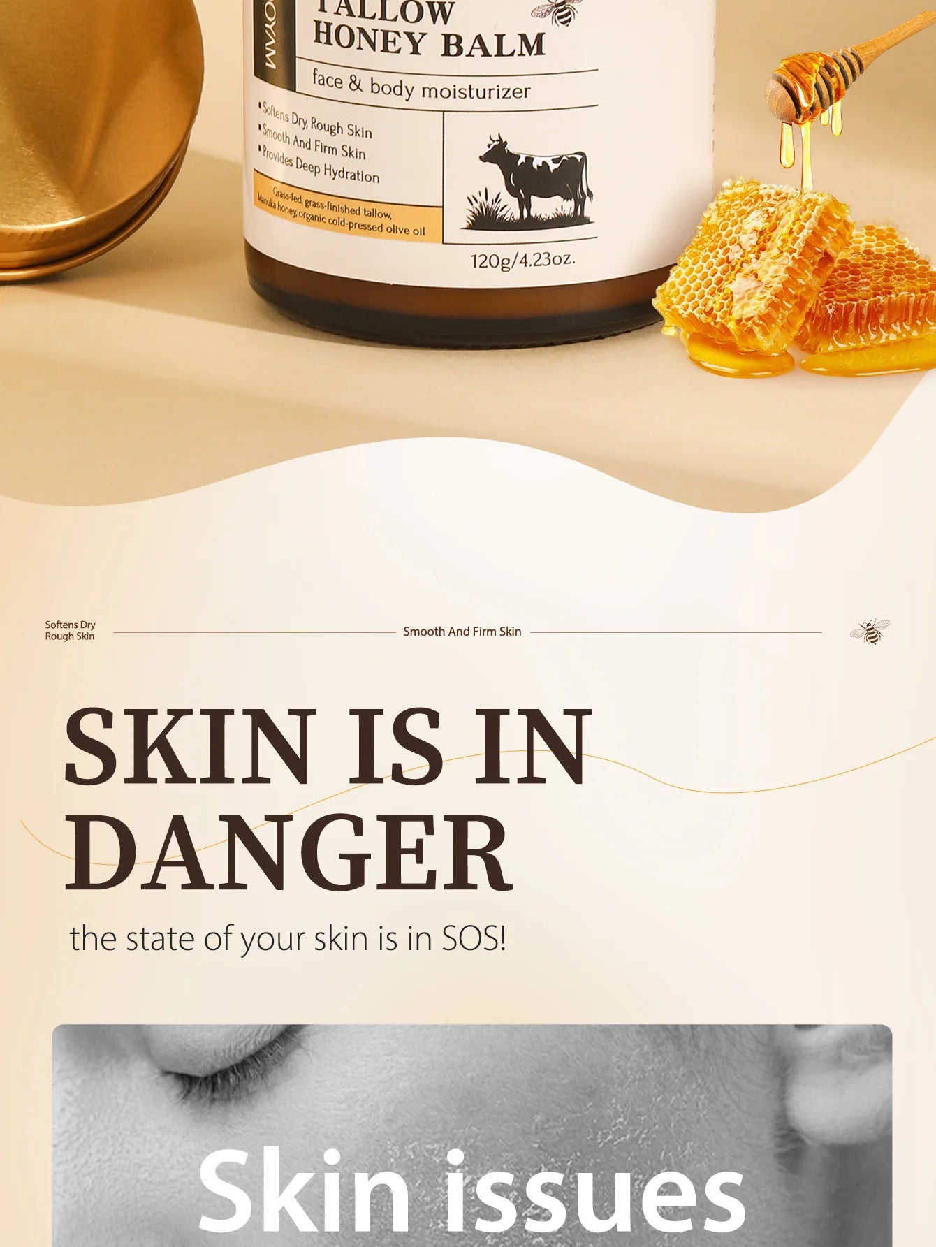120g Beef Tallow Paste Deeply Moisturizer Brightening Wrinkle Remover Grass Fed Tallow Wild Honey Face Body Cream Skin Car