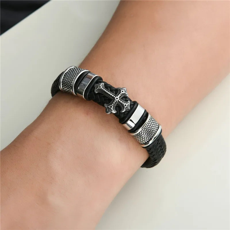 MKENDN Punk Style Stainless Steel Cross Leather Bracelet Men Charm 16 Strand Woven Leather Bracelet Magnet Clasp Boyfriend Gifts