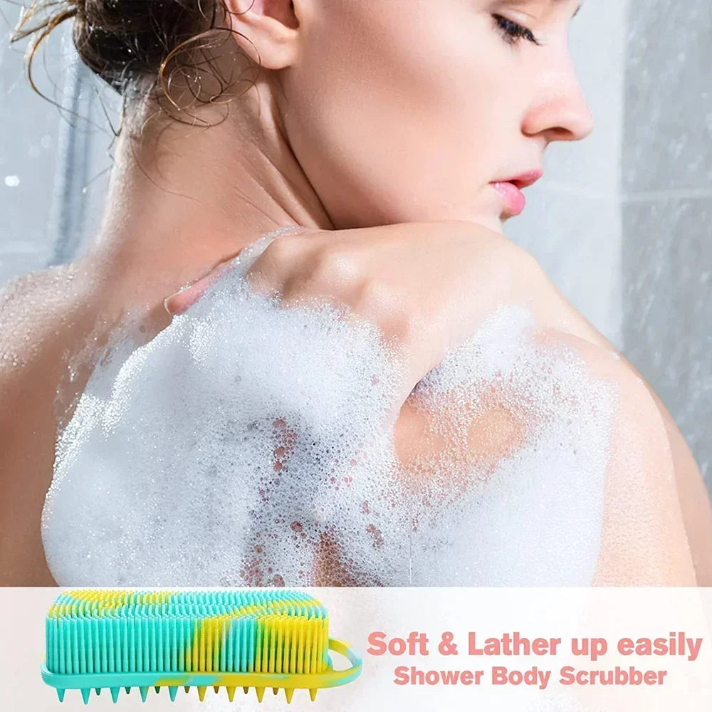 2 in 1 Silicone Shower Brush Scrubber Double-Sided Soft Silicone Scalp Massager Shampoo Body Bath Brushes Foam Skin Clean Tools