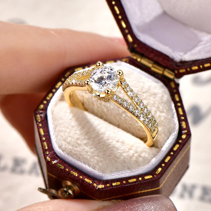 Rrjzz 14K Gold Plated 0.7CT Round Cut Cubic Zirconia Promise Eternity Engagement Weddng Ring for Women Bridal Ring Jewelry Gift