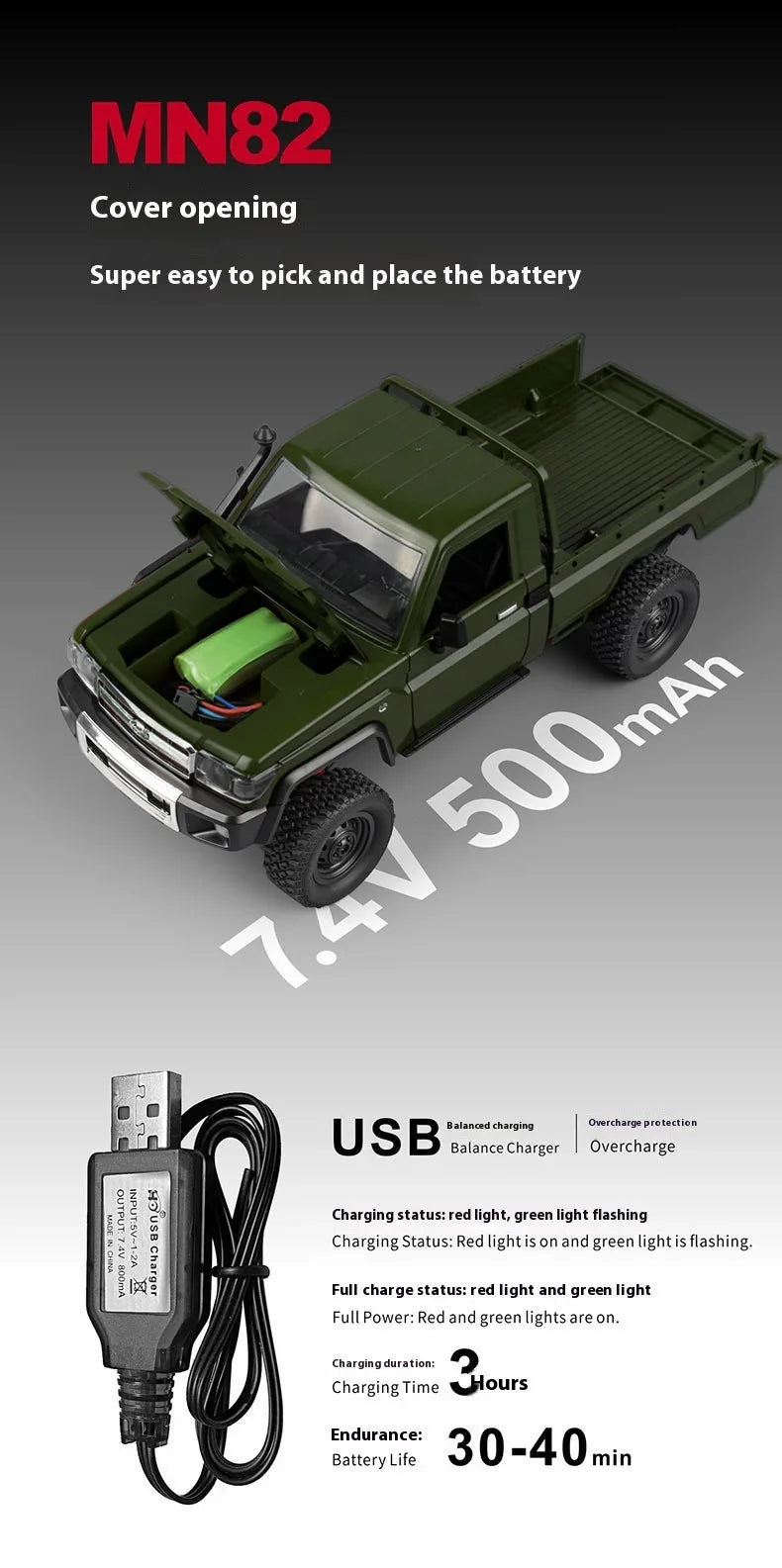 MN82 Green Color 4WD Off-road Rc Car LC79 1:12 280 Brushed Motor Simulation Professional 2.4G Remote Control Pickup Truck Model