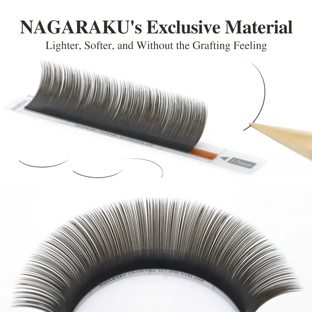 NAGARAKU Ellipse Flat Eyelash Split Tips Matte Charcoal Brown Color Super Soft Gentle Natural Eyelash Extension