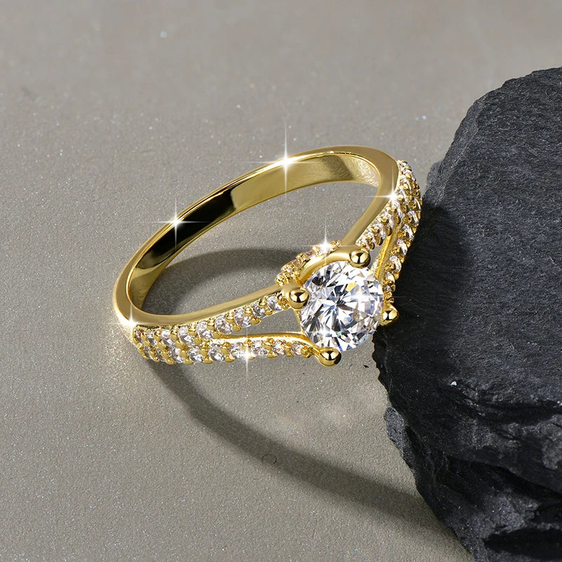 Rrjzz 14K Gold Plated 0.7CT Round Cut Cubic Zirconia Promise Eternity Engagement Weddng Ring for Women Bridal Ring Jewelry Gift