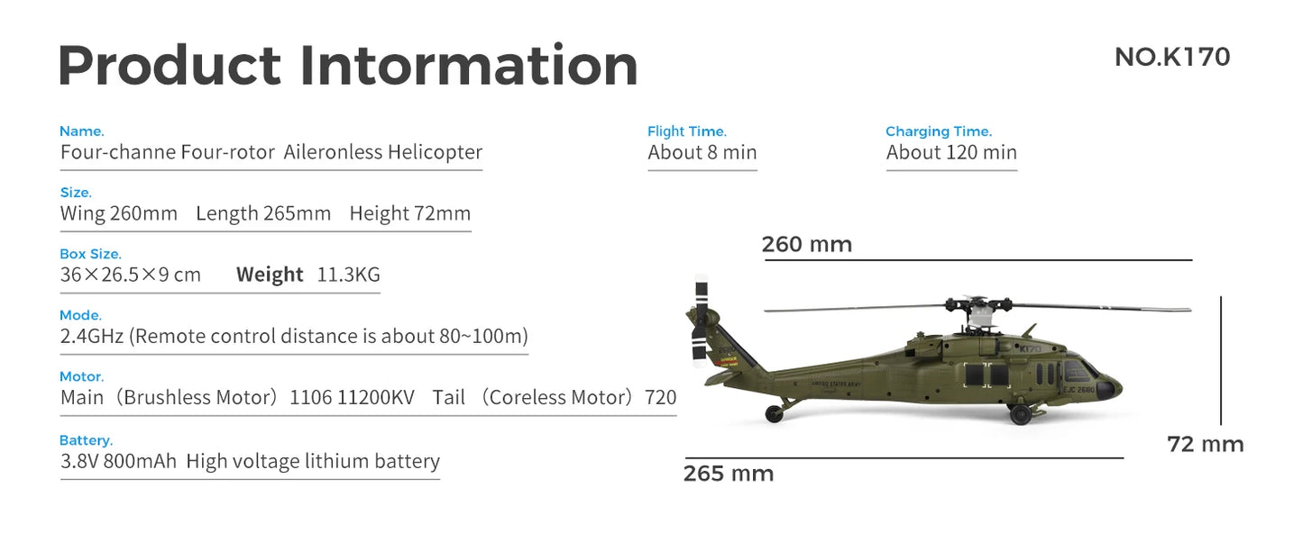 WLtoys K170 RC Helicopter with Gyro UH-60L 4CH Remote Control Brushless Helicopters with LED Light Airplane Toys for Kids