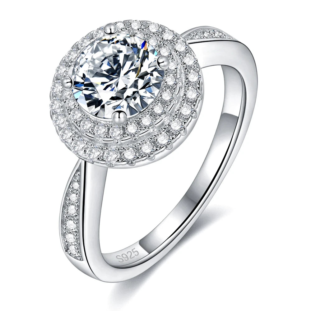 Pretty Beauty 1CT Round Moissanite Double Halo Engagement Ring for Women S925 Silver Wedding Promise Ring Anniversary Jewelry