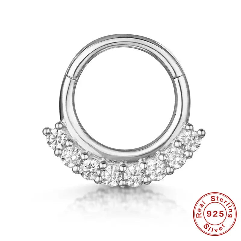 Glowshe 925 Sterling Silver Zircon Geometric Cartilage Piercing Hoop Earrings 1PCS Hip-hop Party Creative Jewelry Nose Rings
