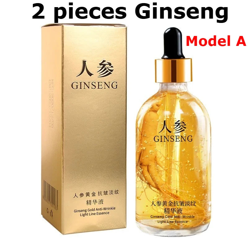 2 Pieces Ginseng Whitening Face Serum 100ml 24K Gold Anti Wrinkle Essence Hydrating Tightening Fade Fine Line Brighten Dull Skin