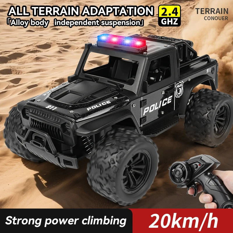 1:16 Alloy High Speed Off-Road Police Truck RC Car with Music Sound and LED Lights Outdoor Toy 2.4G Remote Control Cars