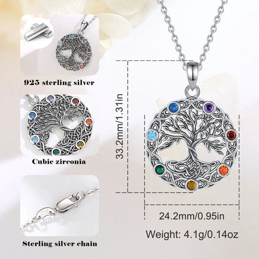 AEONSLOVE 925 Sterling Silver Tree of Life 7 Chakra Necklace Vintage Celtic Cubic Zirconia Pendant Spiritual Jewelry for Women