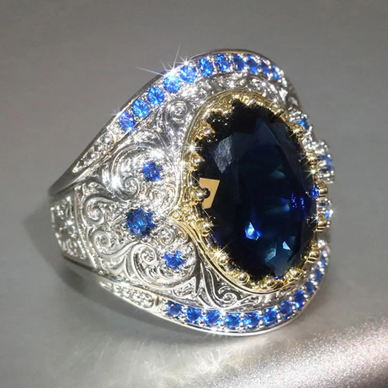 2026 Women's Bohemian Style Retro Exaggerated Texture Zircon Ring European And American Two Tone Accessory