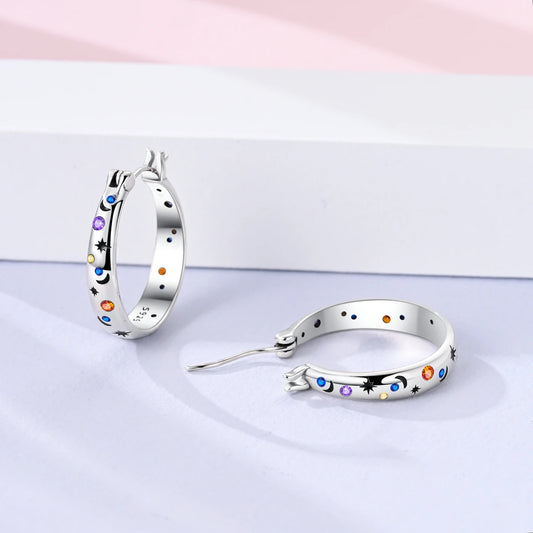 Original 925 Sterling Silver Hoop Earrings Brilliant Starry Sky Earrings For Women Fine Engagement Wedding Birthday Jewelry Gift