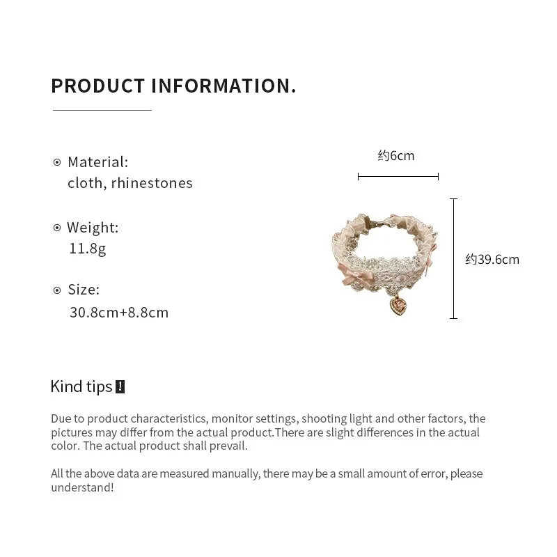 Pink Lace Bow Chokers Necklaces for Women Lolitas Heart Pendant Necklace Wide Ribbon Collar Cosplay Uniform Accessories
