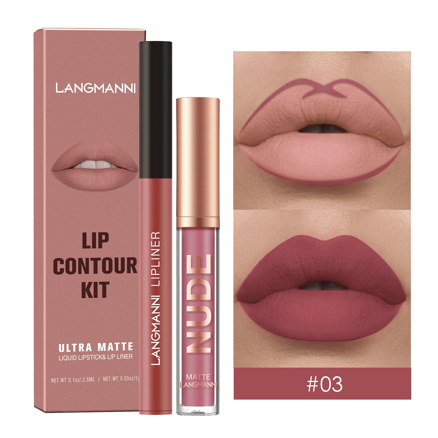 2Pcs Lip Gloss and Lip Liner Set, Matte Finish Non-Stick Cup Long-Lasting Lip Color and Liner Combo, Perfect for Defined Lips