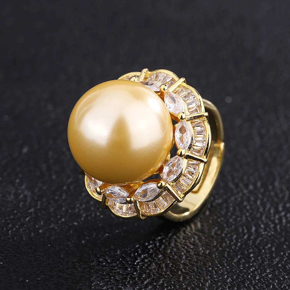 Luxury 12-16mm Pale Gold Color Pearl Lab Diamond Pendant Necklace Ring Earrings Women Party Jewelry Sets Elegant Birthday Gift