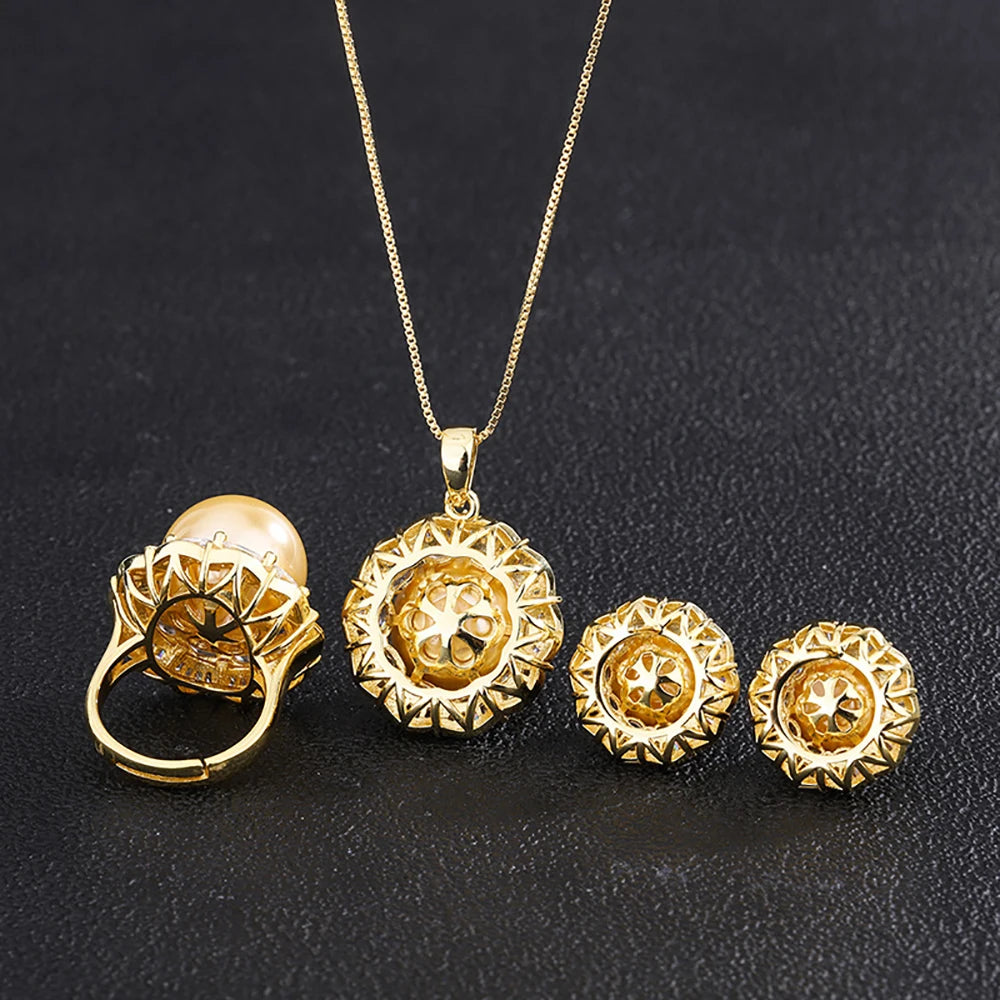 Luxury 12-16mm Pale Gold Color Pearl Lab Diamond Pendant Necklace Ring Earrings Women Party Jewelry Sets Elegant Birthday Gift
